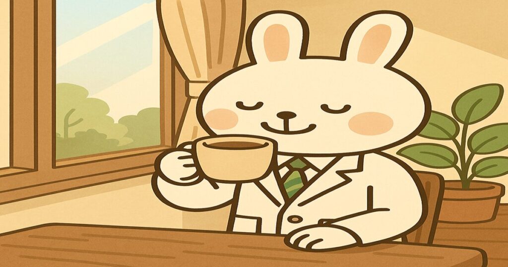 朝の光が差し込む窓際で、白衣姿のみどりんが目を閉じてリラックスしながらコーヒーを楽しんでいる様子。背景には観葉植物と木のテーブルがあり、あたたかく落ち着いたカフェ風の雰囲気。
